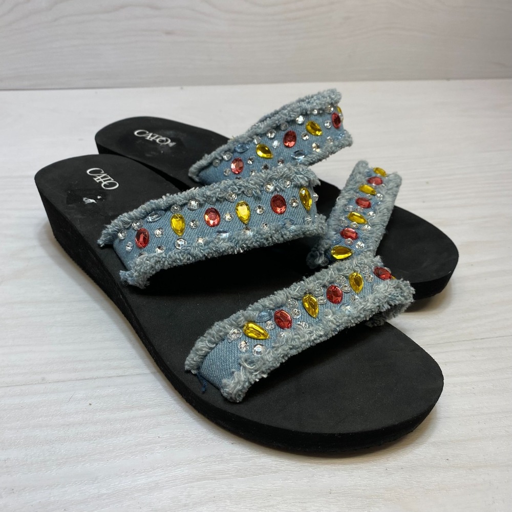 CATO Platform Sandals Women's 10M Denim Straps Colorful Gems Accent Slip On